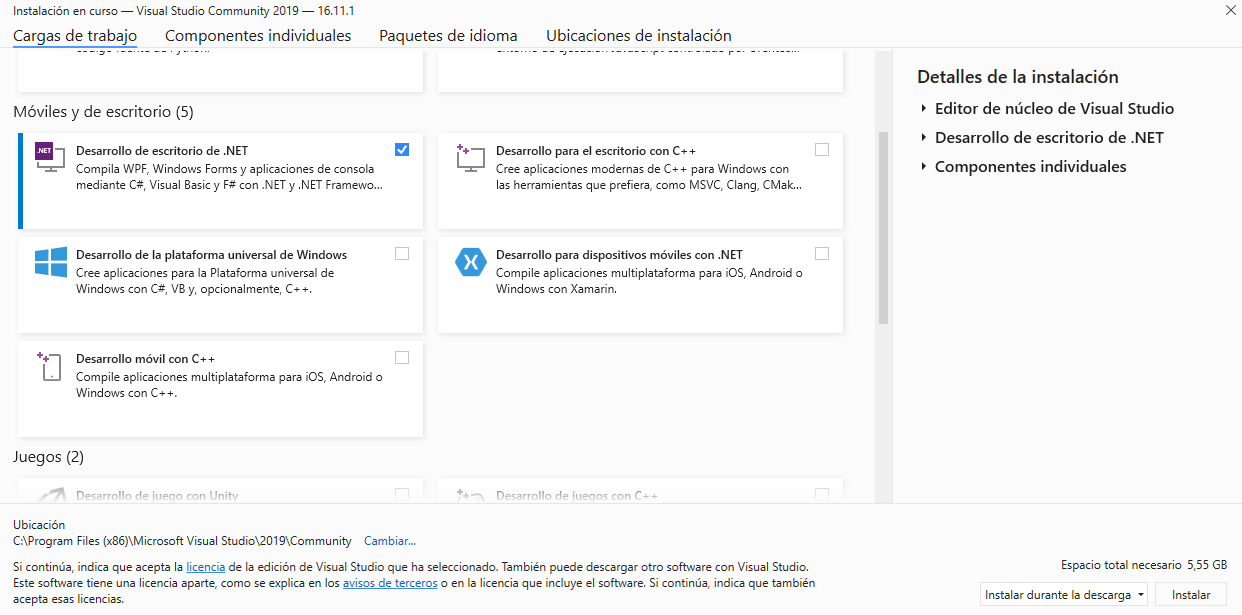 Instalación VS 2019 - Cargas de trabajo