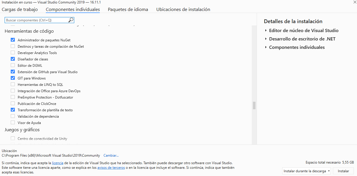 Instalación VS 2019 - Componentes individuales